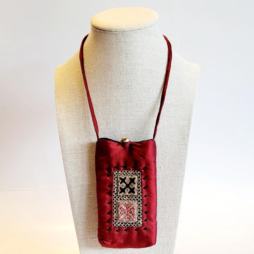 Pouch, Silk Crossbody with Silver Button Closure and Embroidered Detail F…